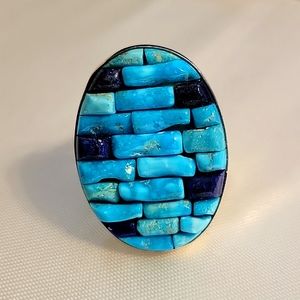 Colorful turquiose/lapis inlaid in a patchwork-like design sterling silv…